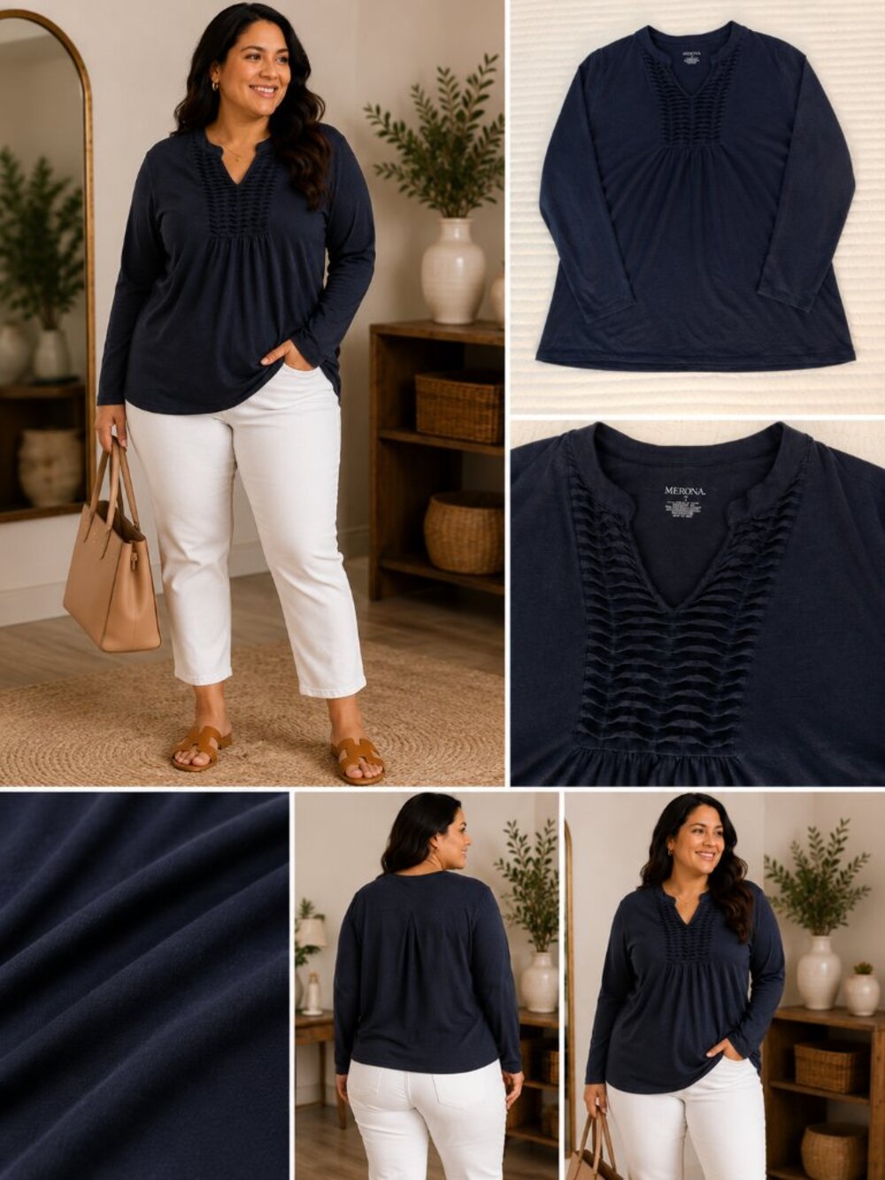 Merona Navy Pintuck Long Sleeve Blouse | Soft Knit Tunic | Plus Size 3X